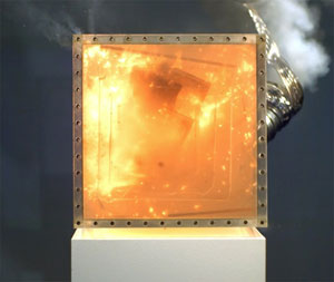 Jonathan Schipper - "Exploding Box," 2015, Plexiglass, gunpowder, steel, exhaust vent, 14 x 14 x 14 inches each (set of 7)