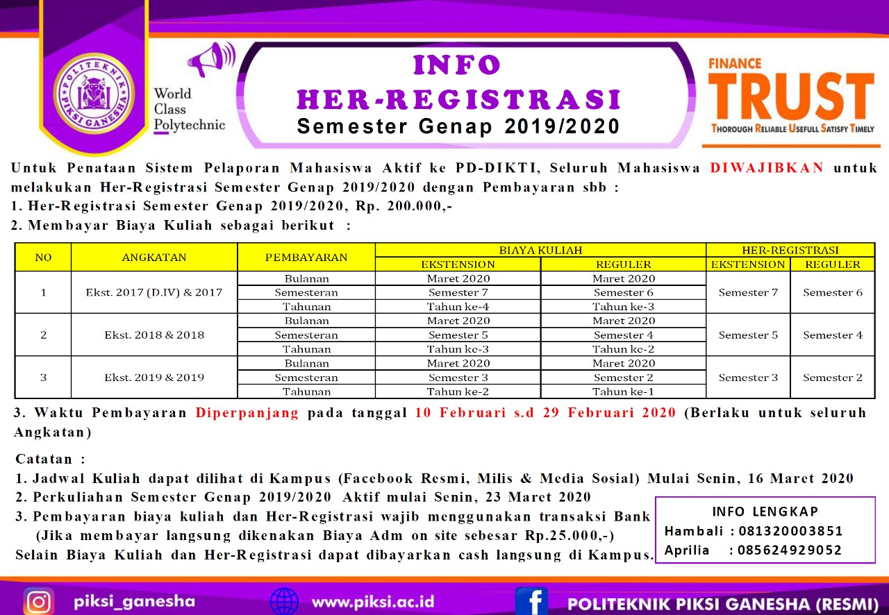 Keunggulan kuliah di kampus polda dan biaya kuliah dapat di lihat di bawah :. Heregistrasi Semester Genap 2019 2020 Politeknik Piksi Ganesha