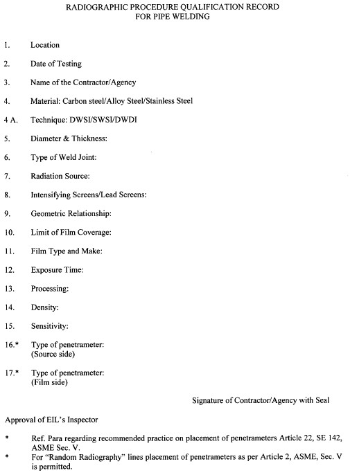 Engineer Recording Format Radiographic Procedure Qualification Record Format for Pipe Welding ...