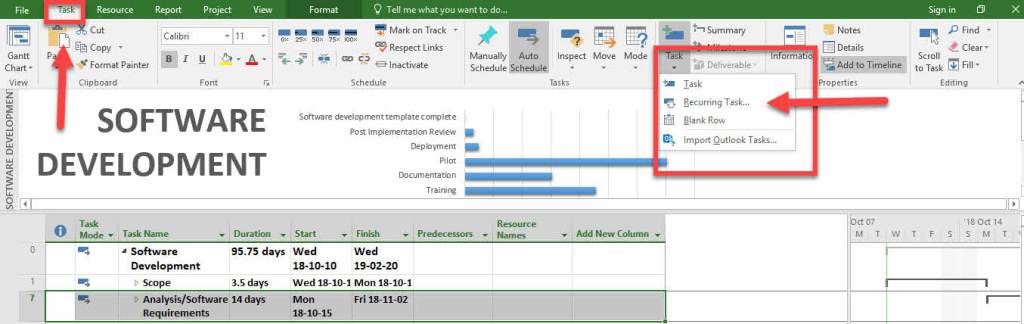 Create a Recurring Task in MS Project- Task Tab