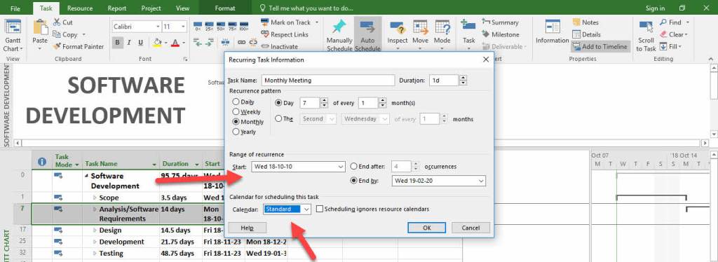 Create a Recurring Task in MS Project- Task range