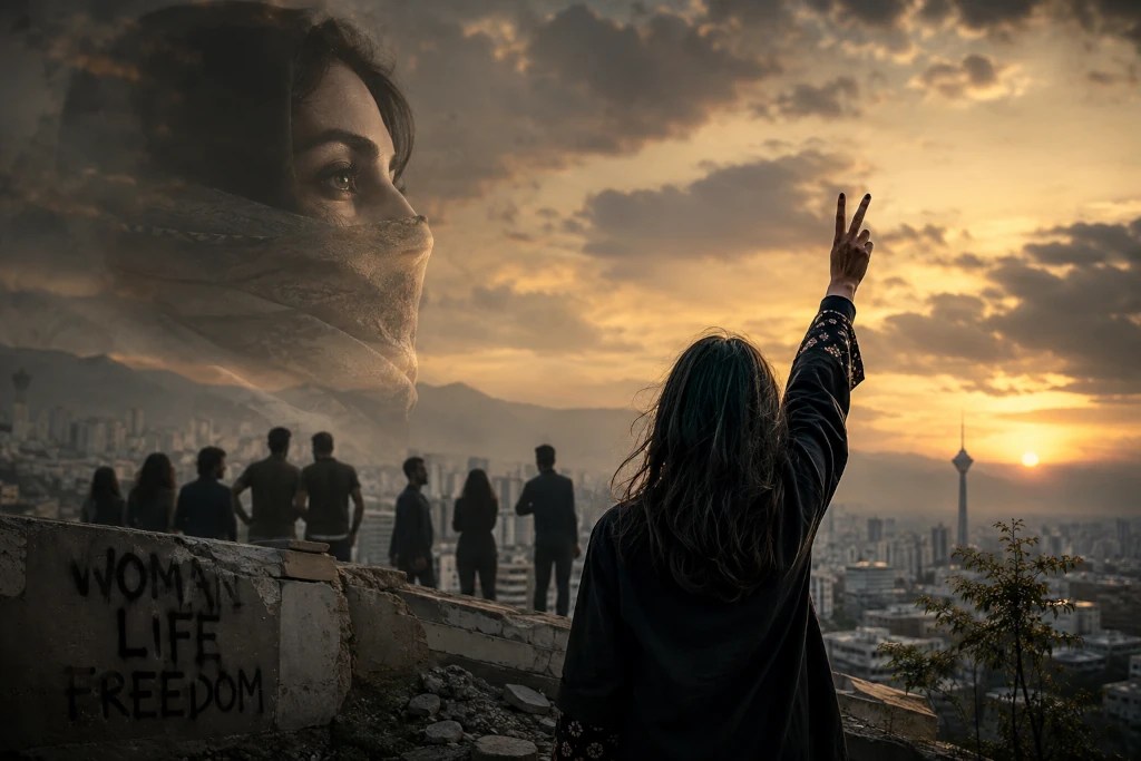 Iranian woman raising a victory sign over Tehran at sunset, symbolizing resistance, solidarity and hope amid political repression and uncertainty over Iran regime collapse.