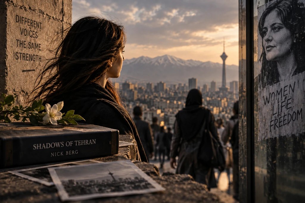 Iran protests timeline showing an Iranian woman overlooking Tehran, reflecting protest, war, resilience and resistance since December 2025.