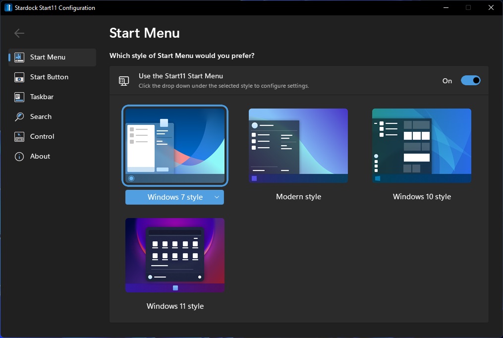 Start11 - Start Menu Style Options