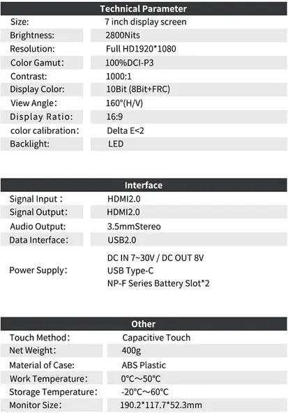 Desview R7III 7-inch Camera Field Monitor - Specs