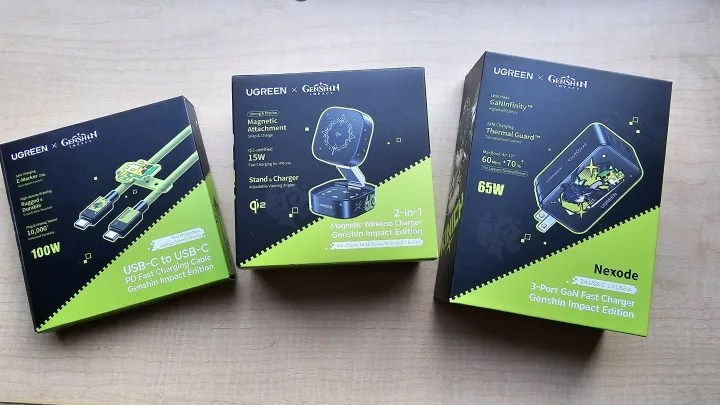 UGREEN & Genshin Impact themed wall charger, wireless charger, and USB-C cable