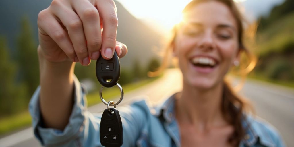 Persona felice con chiavi dell'auto, senza assicurazione.