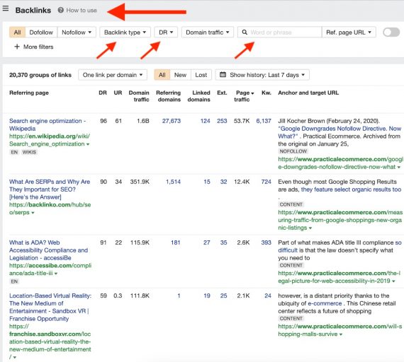 Screenshot of Ahref's backlinks report for Practical Ecommerce. Screenshot of Ahref's backlinks report for Practical Ecommerce.