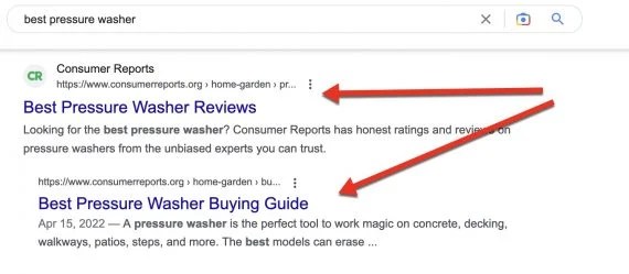 Screenshot of a desktop organic result page showing clustered listings.