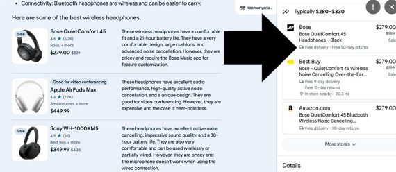 Screenshot of SGE results for "wireless headphones" showing the right-side panel, accesible via a JavaScript-enabled link. Screenshot of SGE results for "wireless headphones" showing the right-side panel, accesible via a JavaScript-enabled link.