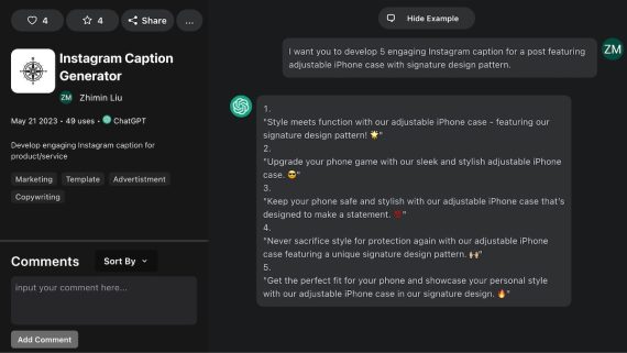 Screenshot of Instagram Caption Generator prompt reading, "I want you to develop 5 engaging Instagram caption for a post featuring adjustable iPhone case with signature design pattern." Screenshot of Instagram Caption Generator prompt reading, "I want you to develop 5 engaging Instagram caption for a post featuring adjustable iPhone case with signature design pattern."