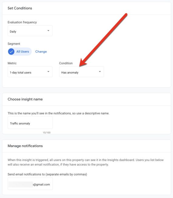 Screenshot of GA4 Insights, "Set Conditions" page