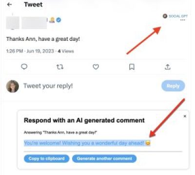 Screenshot of Social GPT functionality on a tweet Screenshot of Social GPT functionality on a tweet