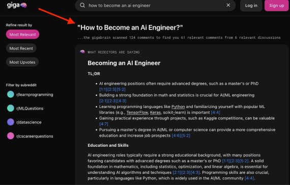 Screenshot of GigaBrain showing results for "How to become an AI engineer?" Screenshot of GigaBrain showing results for "How to become an AI engineer?"