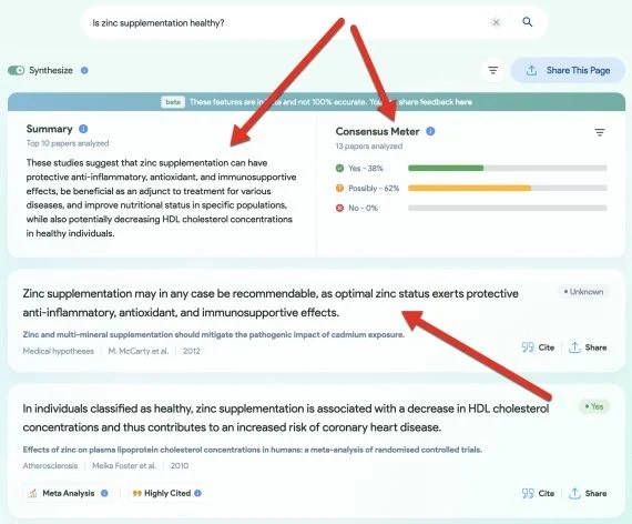 Screenshot of a Consensus page for the query, "Is zinc supplementatino healthy?" Screenshot of a Consensus page for the query, "Is zinc supplementatino healthy?"