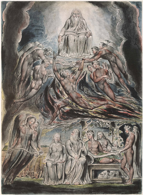 William Blake illustration of Satan before the throne of God from the Book of Job, circa 1820