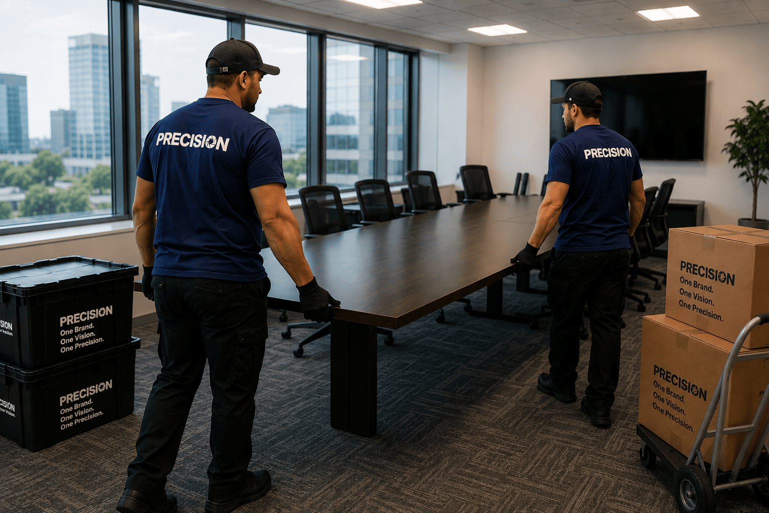 Two workers in Precision shirts move a long conference table in a bright office conference room.