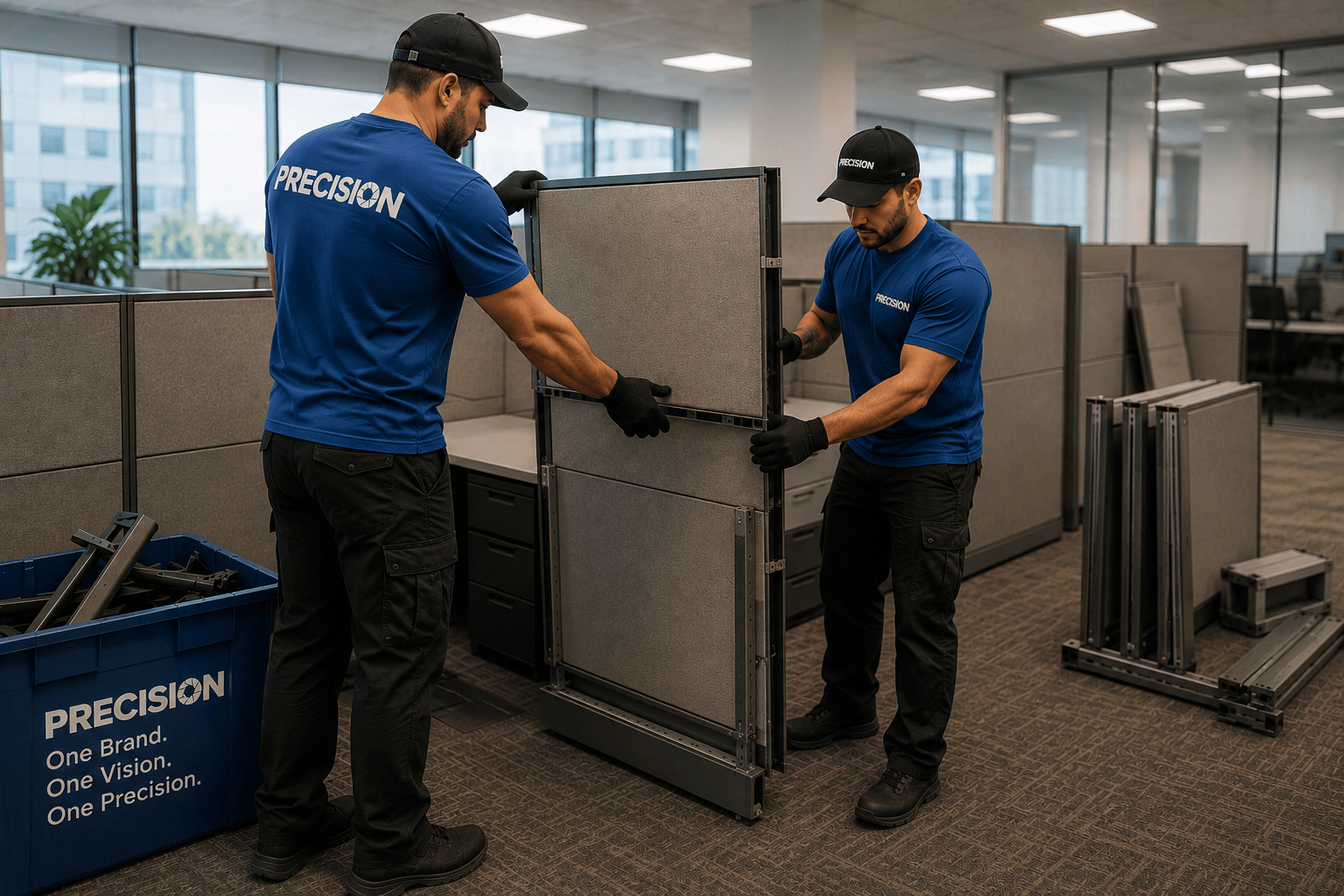 Two workers in blue Precision shirts install a gray modular office panel in an open workspace.