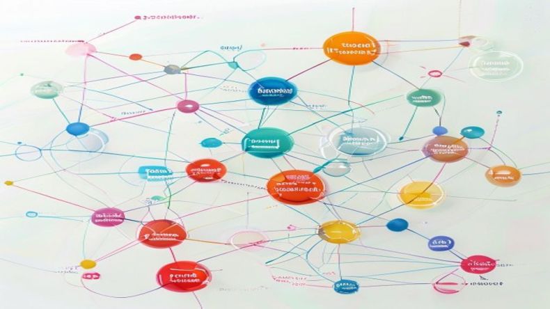 An abstract illustration showing interconnected bubbles representing different Bounded Contexts, each with distinct colors and labels like 'Sales Context' and 'Inventory Context'. Lines connect them, indicating relationships or integration points, on a clean, light background.