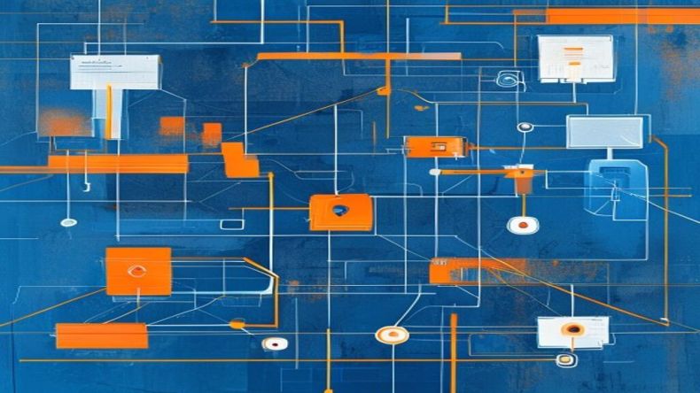 A clean, abstract architectural diagram illustrating the CQRS pattern with distinct command and query flows, separate databases, and a message broker connecting components. Blue and orange color scheme.
