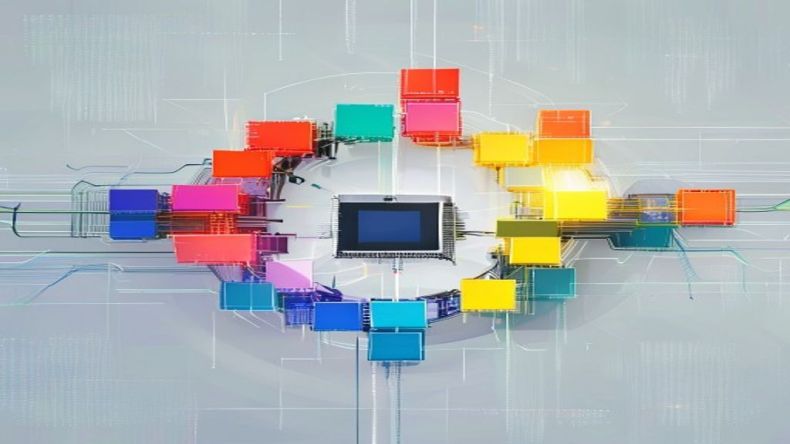 A visual representation of an event loop, with multiple tasks (represented as colorful blocks) flowing through a central processing unit, illustrating non-blocking execution and context switching. The background is clean and abstract, with subtle data streams.