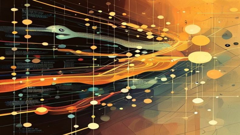 An abstract, modern illustration of a Python code snippet flowing into a series of interconnected nodes, representing background processing and parallel execution, with a warm color palette and geometric shapes.