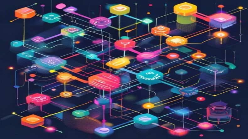 A visual representation of interconnected software modules, with arrows showing data flow between them, illustrating the concept of integration testing. Clean, modern design with abstract shapes and vibrant colors.