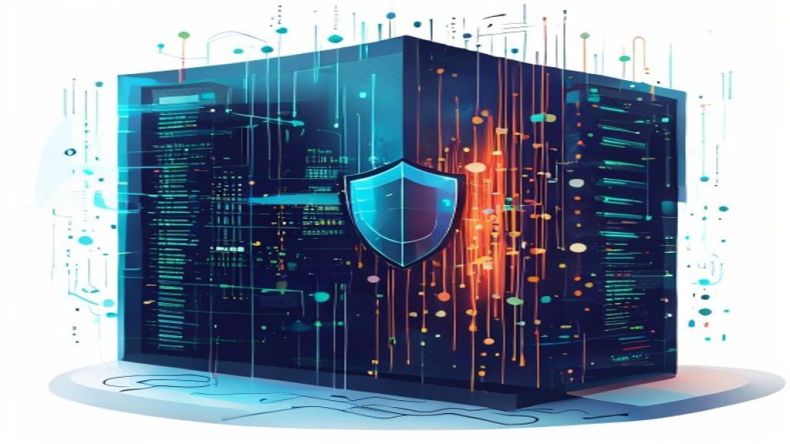 A modern, abstract illustration depicting a shield or firewall protecting a server rack, with log data streams flowing around it, symbolizing security and robust log management.