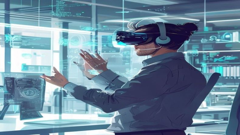 A professional illustration of a developer wearing a sleek mixed reality headset, with holographic code and 3D models floating around them in a modern office environment. The scene is clean and futuristic, emphasizing the blend of digital and physical space.