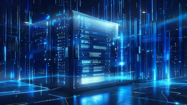 A digital illustration of a database server rack with glowing blue data streams, representing efficient data flow and high performance. The server is clean, modern, and surrounded by abstract lines indicating speed and optimization.