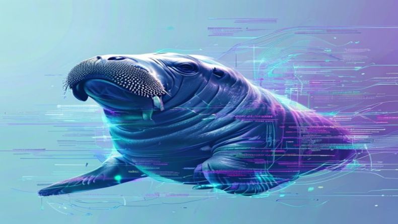A modern abstract illustration of a walrus operator (colon followed by an equals sign) surrounded by flowing data and code snippets, symbolizing efficient data assignment and streamlined code logic. The background is a clean, gradient blue and purple. No text or logos.