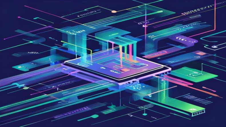 A visual representation of asynchronous programming. Multiple abstract data streams flow concurrently through a single processing unit, depicted as a stylized CPU or server. The streams are non-blocking, illustrating efficiency and speed. Colors are vibrant blues, purples, and greens. No text or logos.