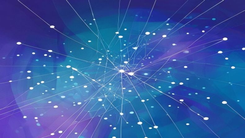 An abstract illustration showing data points clustered in a high-dimensional space, with arrows indicating connections between similar points. A central query point emits rays to find its nearest neighbors, representing efficient similarity search. The background is a gradient of blue and purple.