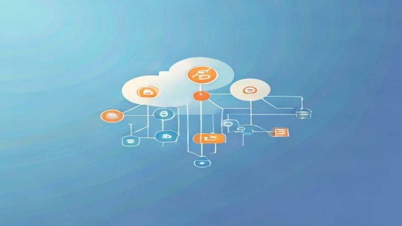 A clean, modern illustration showing a cloud icon connected to multiple smaller function icons, each with an event trigger icon like a lightning bolt or database symbol. The background is a soft blue gradient, conveying scalability and efficiency.