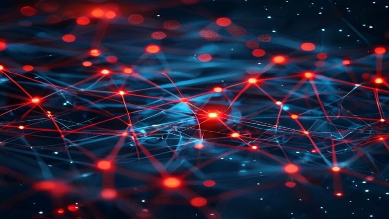 A complex network of interconnected nodes, some highlighted in red indicating failure, illustrating the challenges of maintaining consistency and atomicity in distributed microservice transactions. The background is dark blue with subtle glowing lines.