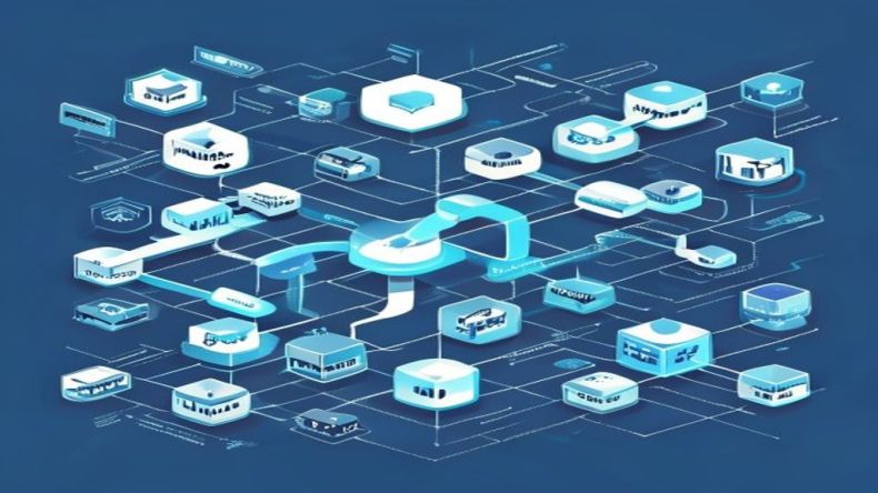 A visual representation of a GitHub Actions workflow, showing connected nodes for events, jobs, steps, and actions, with data flowing between them in a clean, professional blue and white color scheme.