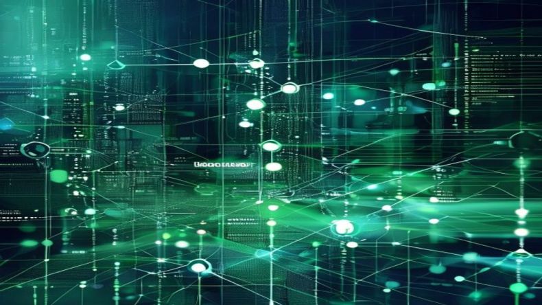 An abstract illustration of a secure, interconnected network of servers and data points, representing best practices in CI/CD and secure coding. Features subtle green and blue tones, indicating security and efficiency in a digital landscape.