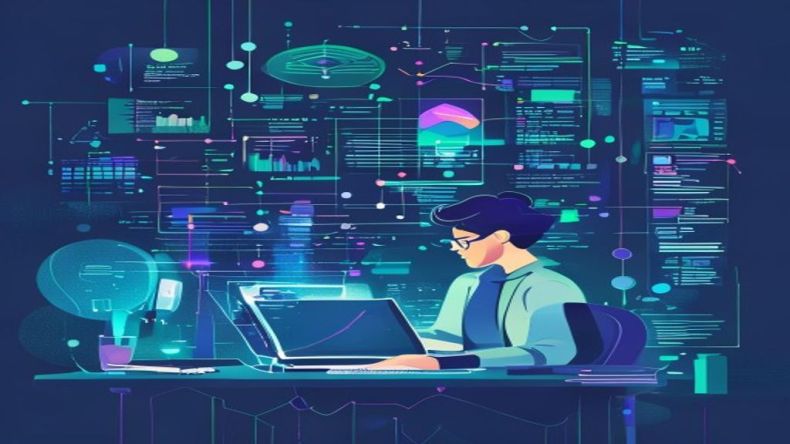 A digital illustration of a data scientist working with a laptop, surrounded by abstract representations of data points, graphs, and code snippets. The color palette is modern and clean, with blues, greens, and purples.
