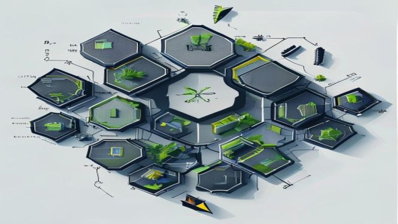A clean, professional illustration of hexagonal architecture with a central hexagon representing the domain, surrounded by multiple smaller hexagons representing ports, and larger rectangular shapes outside them representing various adapters like UI, database, and external services. Arrows show interaction flow.