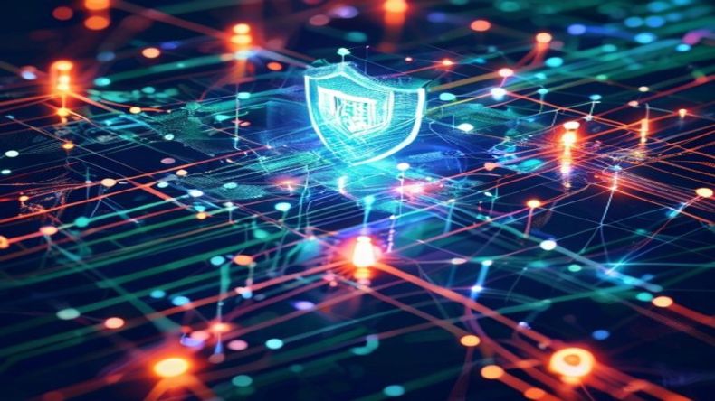 A vibrant, abstract illustration representing secure data processing. Interconnected nodes form a complex network, with a glowing shield icon at the center, symbolizing protection. Data streams are depicted as flowing light, emphasizing speed and security. Modern, clean, digital art style.