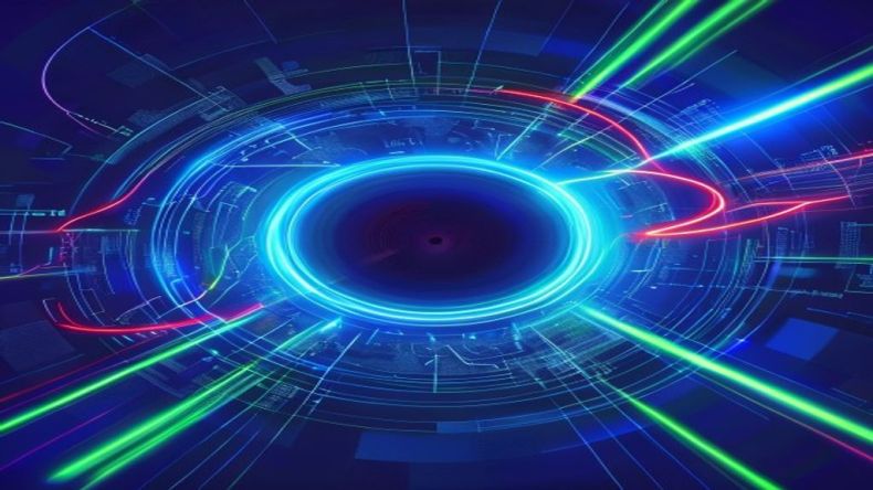 A vibrant digital illustration showing a central glowing blue event loop with multiple thin green lines extending outwards to represent non-blocking I/O tasks, while a single thick red line indicates a blocking operation causing a bottleneck. The background is a gradient of tech-inspired blues and purples.