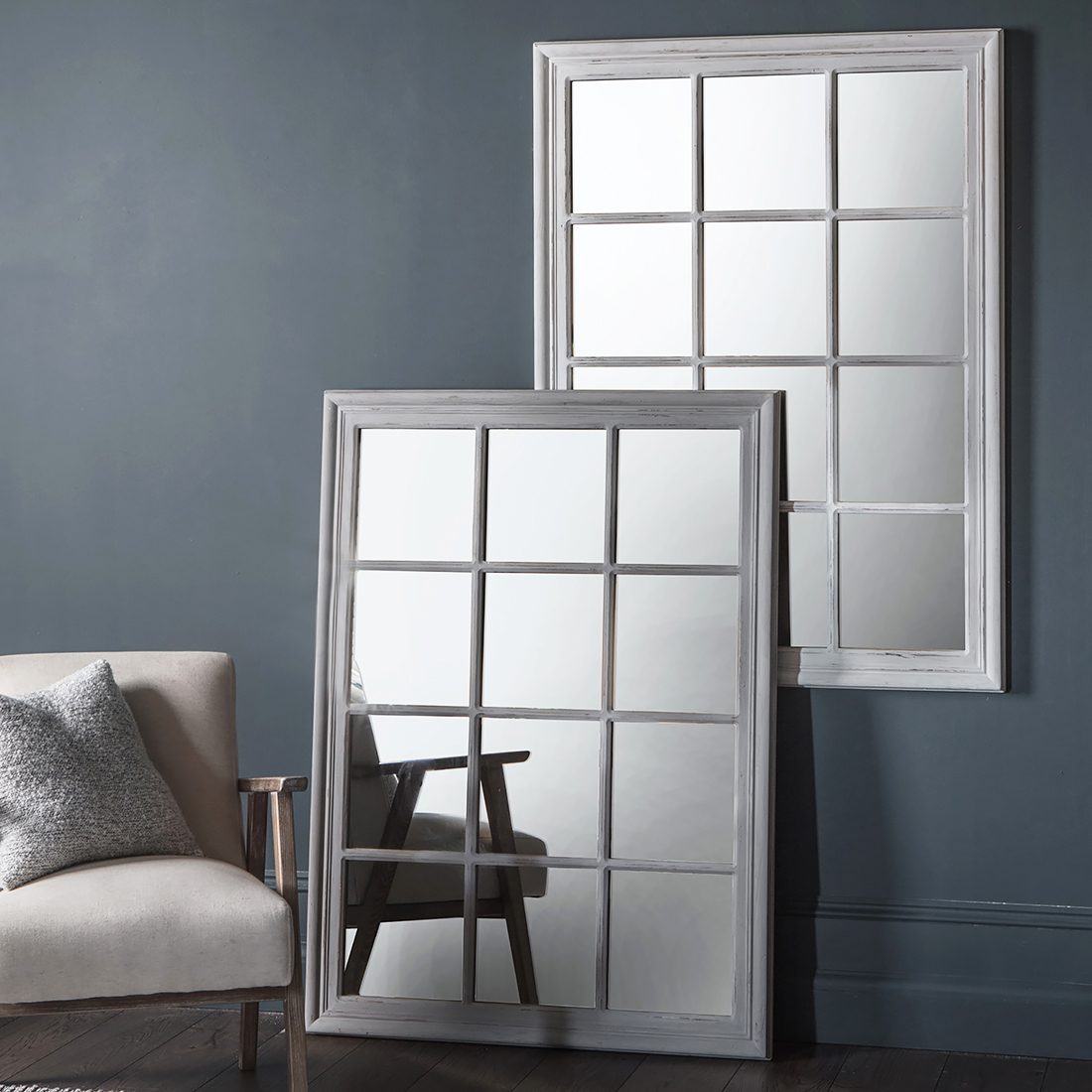Distressed vintage round wall mirror wooden bright white blue. rectangular window mirror white or grey