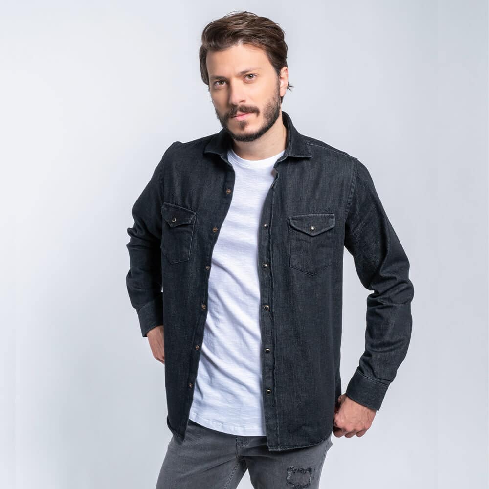 Prince Oliver Πουκάμισο Τζην Μαύρο 100% Cotton (Modern Fit) New Arrival