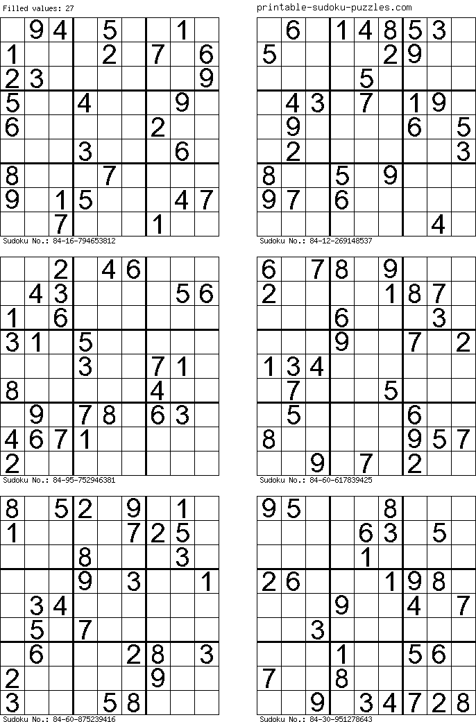 free printable sudoku puzzles