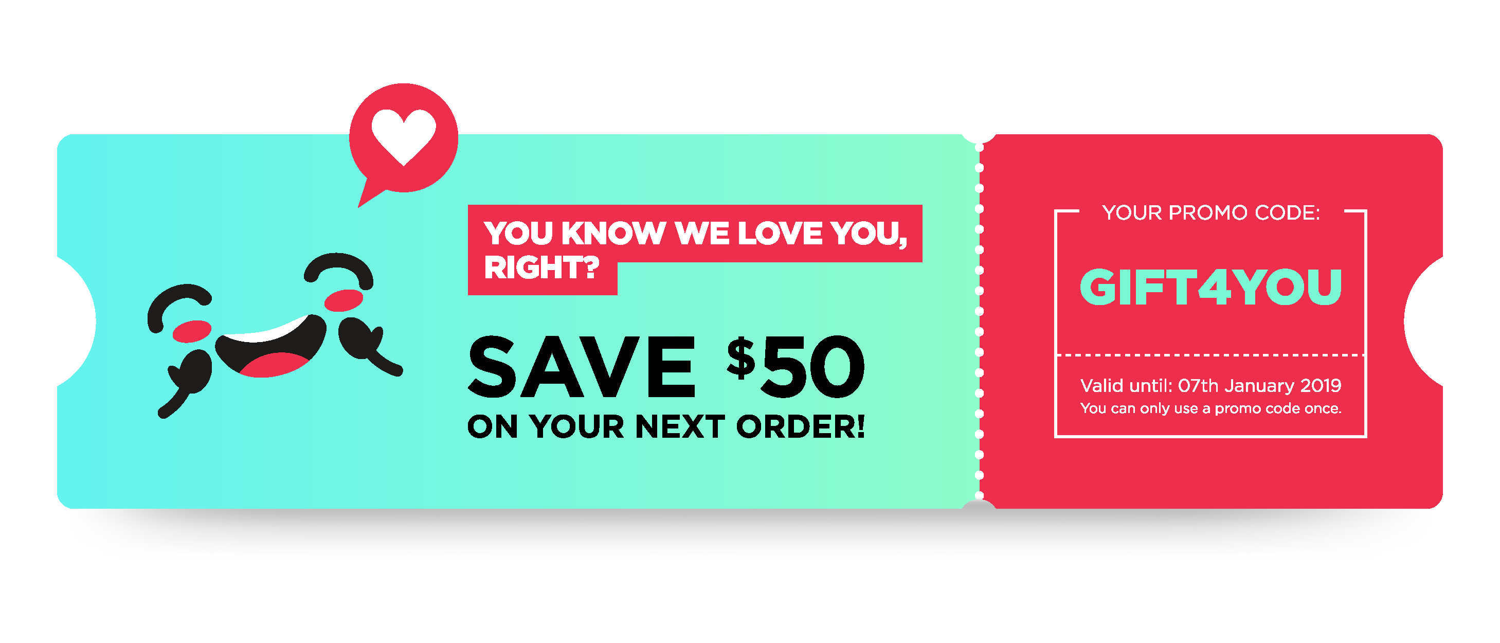 Ticket with a promo code for $50 off next order.