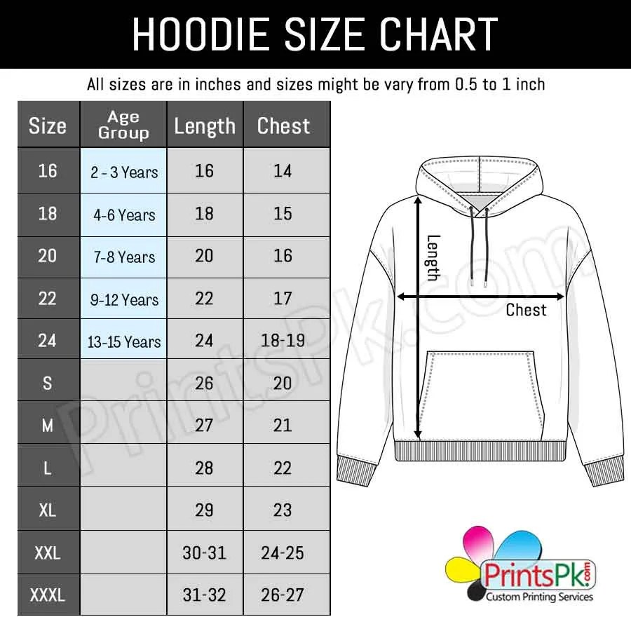 Hoodie Size Chart, PrintsPk Size Chart, hoodies size chart,