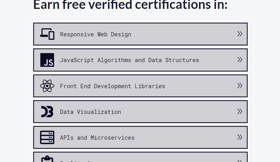 Listagem dos cursos do free code camp