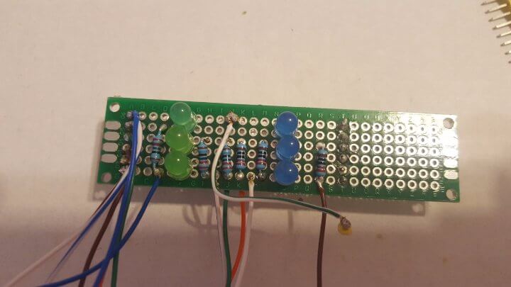 LEDs soldered on Perfboard for Arduino Cat6 cable tester