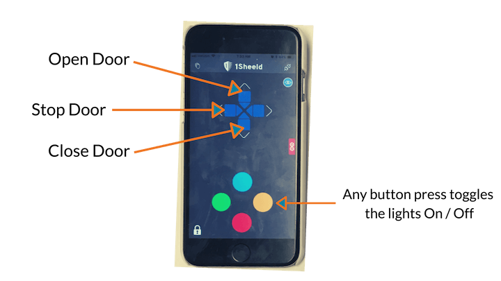 1sheeld app open on iphone, with helper text describing each button function