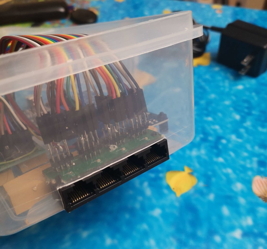 PCB with Ethernet connections and jumper wires